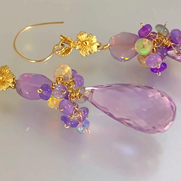 14K Gold Pink Amethyst Opal Gemstone Briolette Earrings - Picture 2 of 7